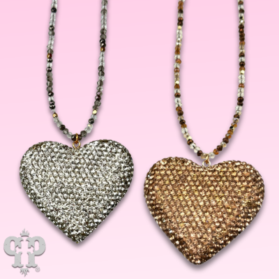 Rhinestone heart pendant on faceted glass bead necklace