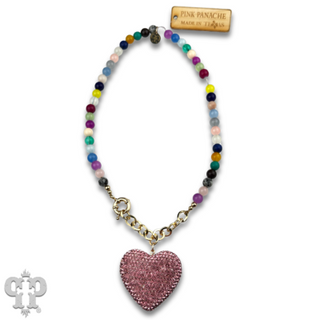 Rhinestone heart pendant on multi-color bead necklace