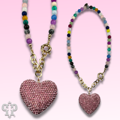 Rhinestone heart pendant on multi-color bead necklace