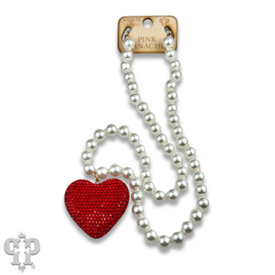White pearl bead necklace with rhinestone heart pendant