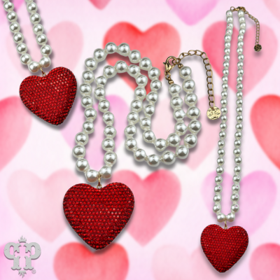 White pearl bead necklace with rhinestone heart pendant
