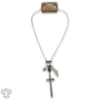 Pearl cross charm necklace with Austrian crystal