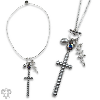 Pearl cross charm necklace with Austrian crystal