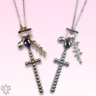 Pearl cross charm necklace with Austrian crystal