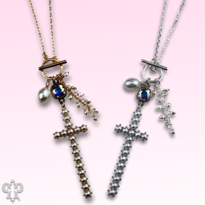 Pearl cross charm necklace with Austrian crystal