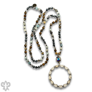 Wood teardrop and rhinestone circle pendant necklace