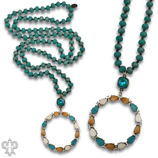 Wood teardrop and rhinestone circle pendant necklace