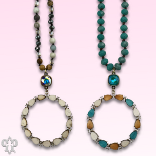 Wood teardrop and rhinestone circle pendant necklace