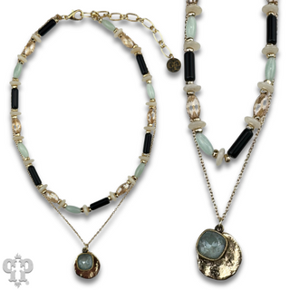 Mixed bead necklace with disc charm and Austrian crystal