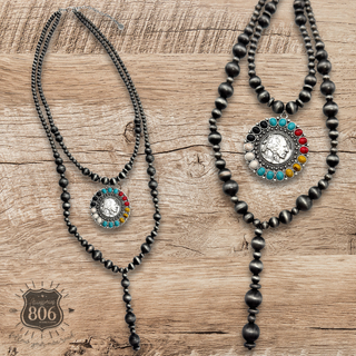 Double strand silver bead necklace with multi-color stone western coin pendant