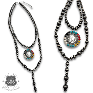Double strand silver bead necklace with multi-color stone western coin pendant