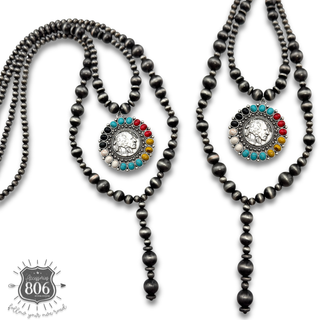 Double strand silver bead necklace with multi-color stone western coin pendant