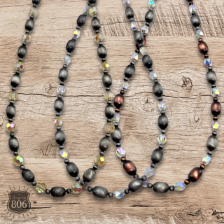 Burnished silver bead and crystal necklace