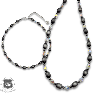 Burnished silver bead and crystal necklace
