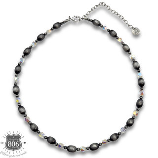 Burnished silver bead and crystal necklace