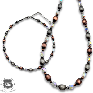 Burnished silver bead and crystal necklace