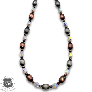Burnished silver bead and crystal necklace
