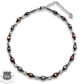 Burnished silver bead and crystal necklace