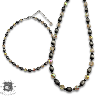 Burnished silver bead and crystal necklace