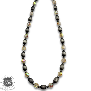 Burnished silver bead and crystal necklace