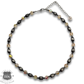 Burnished silver bead and crystal necklace