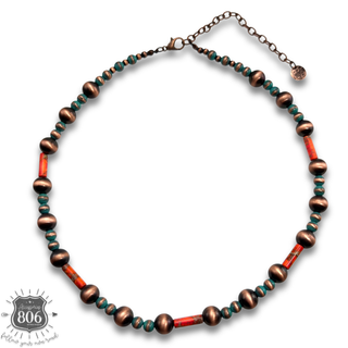 Copper burnished bead necklace with stone accents