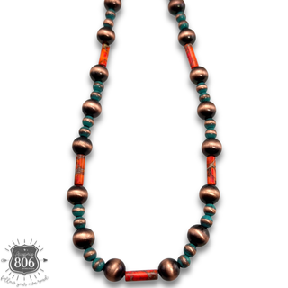 Copper burnished bead necklace with stone accents