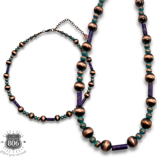 Copper burnished bead necklace with stone accents