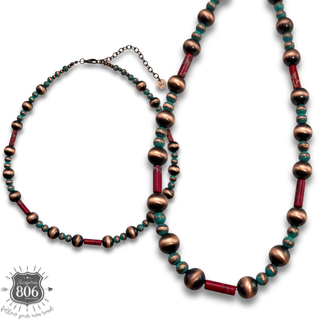 Copper burnished bead necklace with stone accents