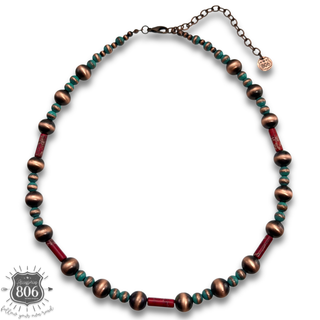 Copper burnished bead necklace with stone accents