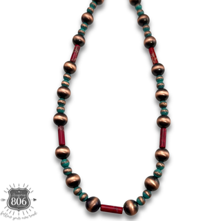 Copper burnished bead necklace with stone accents