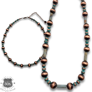 Copper burnished bead necklace with stone accents