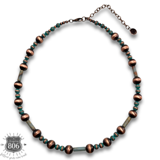 Copper burnished bead necklace with stone accents