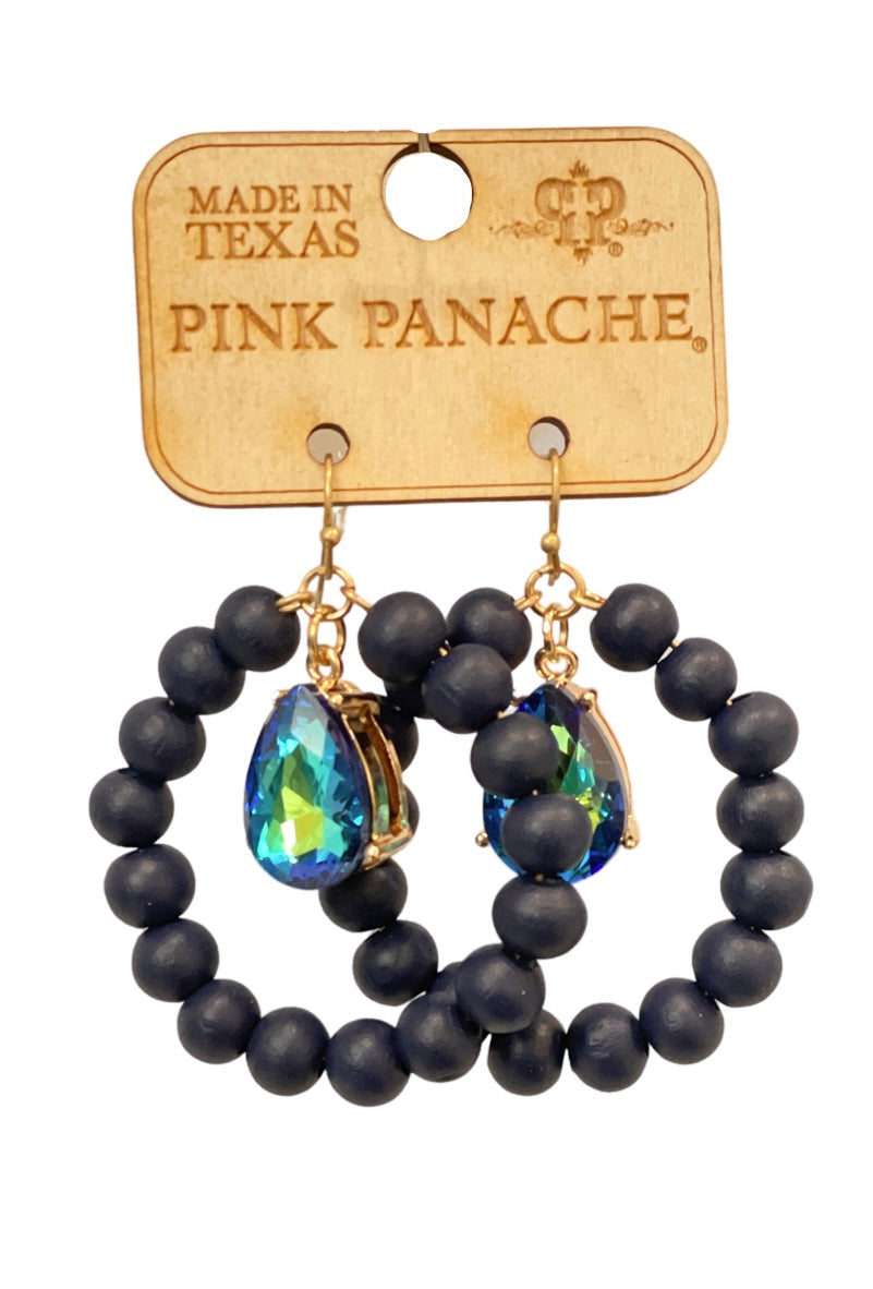 Round wood bead circle earring with rhinestone teardrop charm