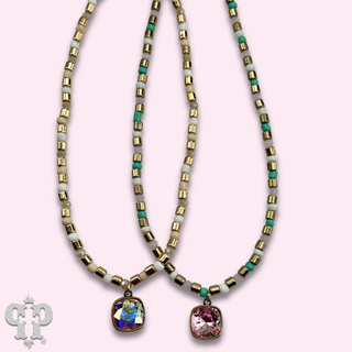 Bead choker necklace with Austrian crystal pendant