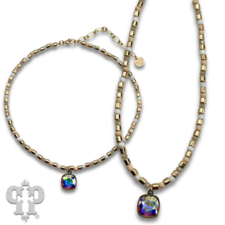 Bead choker necklace with Austrian crystal pendant