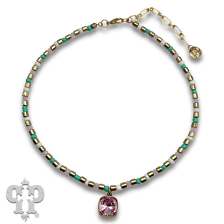 Bead choker necklace with Austrian crystal pendant