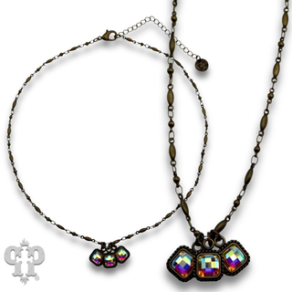 Fine chain and checkerboard cut rhinestone charm necklace