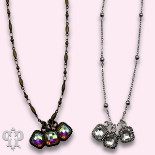 Fine chain and checkerboard cut rhinestone charm necklace