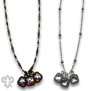 Fine chain and checkerboard cut rhinestone charm necklace