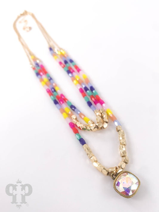 Faceted multi-color bead necklace with Austrian crystal