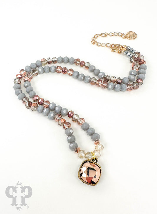 Gray bead necklace with Austrian crystal