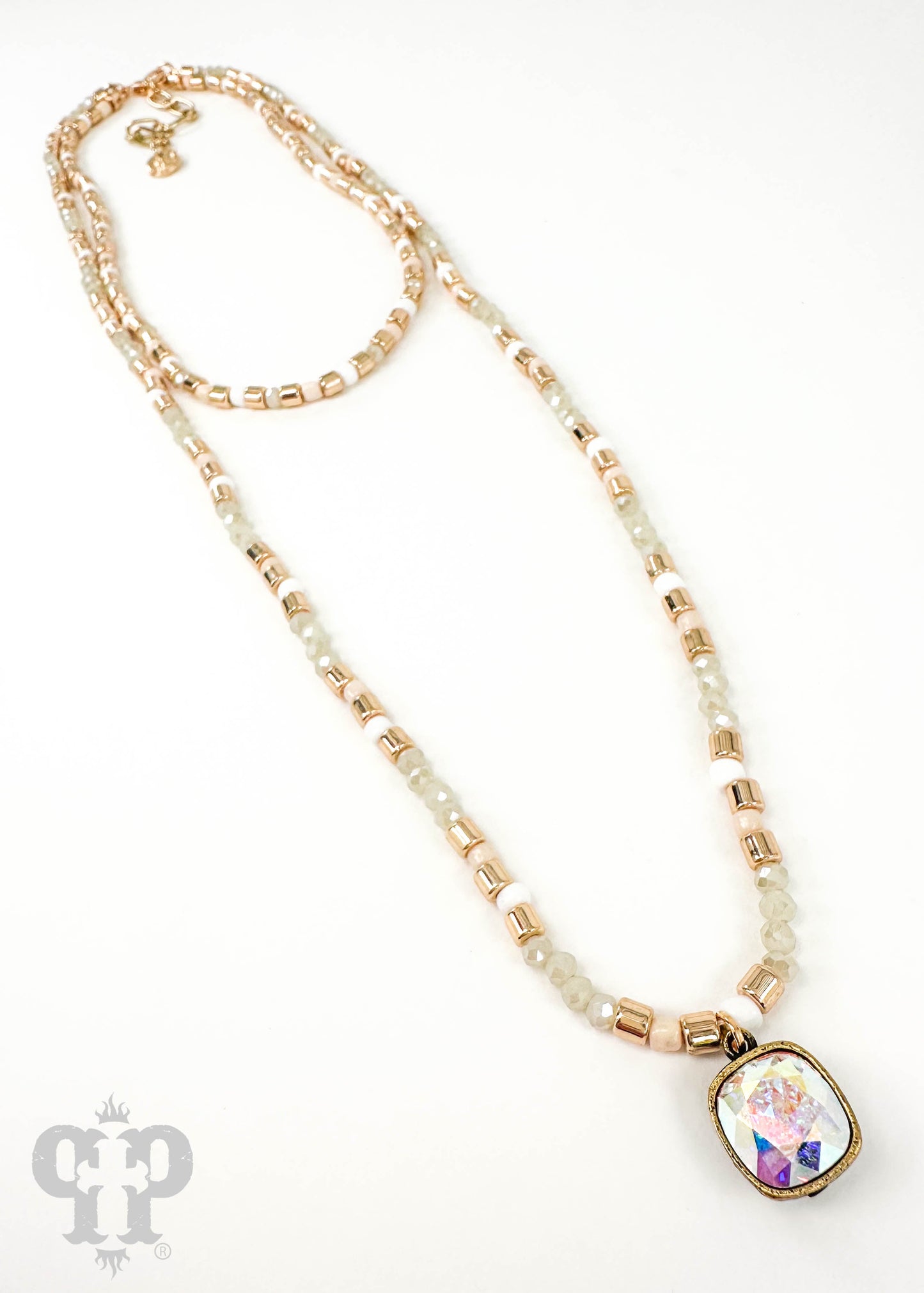 Double strand bead necklace with Austrian crystal drop
