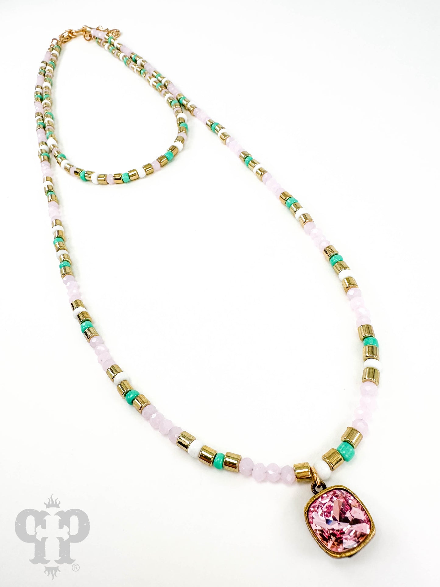 Double strand bead necklace with Austrian crystal drop