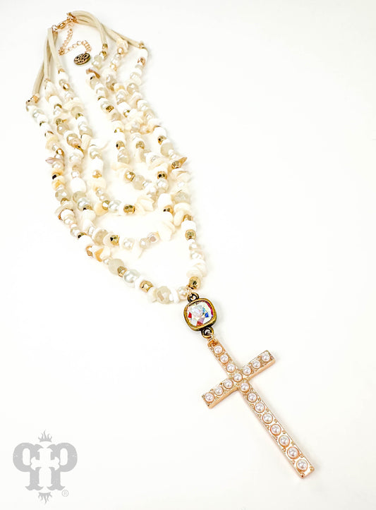 Pearl studded cross necklace with Austrian crystal