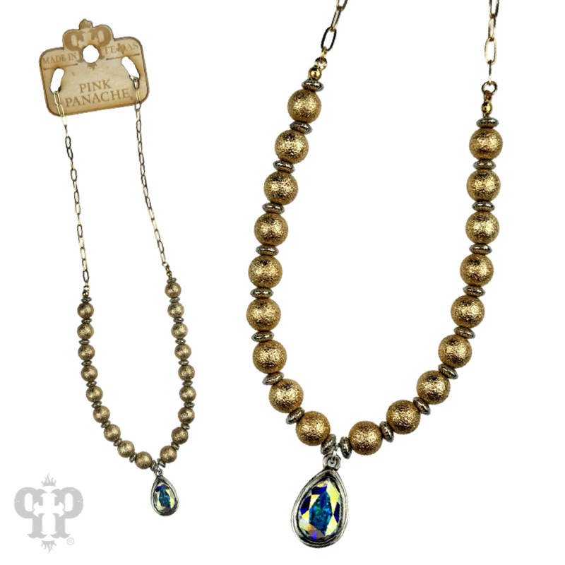 Foil texture bead and chain necklace, Austrian crystal