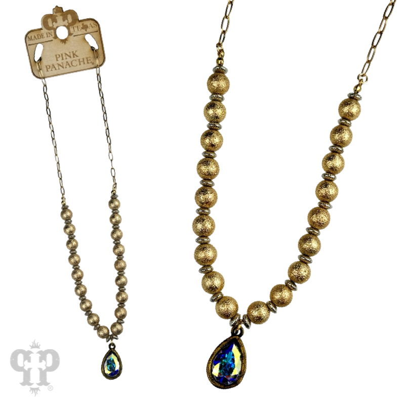 Foil texture bead and chain necklace, Austrian crystal