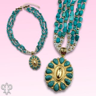 Turquoise and 18k gold dipped concho pendant necklace