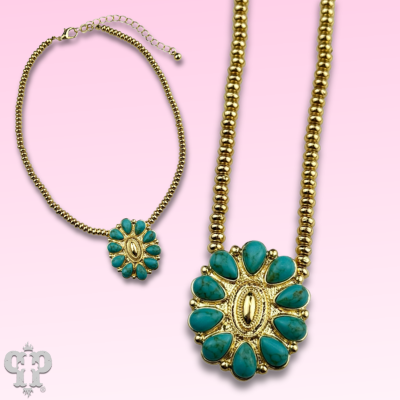 Turquoise concho pendant and 18k gold dipped bead choker necklace