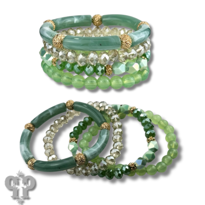 Green mixed bead bracelet stack